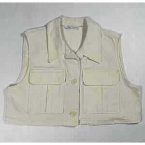 Zara Beige Sleeveless Button Up Collar Crop Denim Top Large